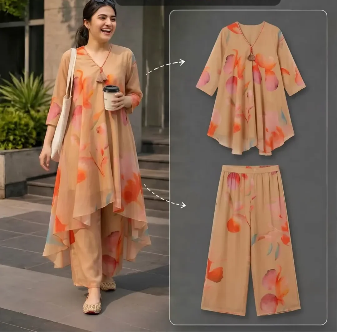 Women’s Floral Printed Asymmetrical Kurta Palazzo Set - Ethnic Co-Ord Set for Women