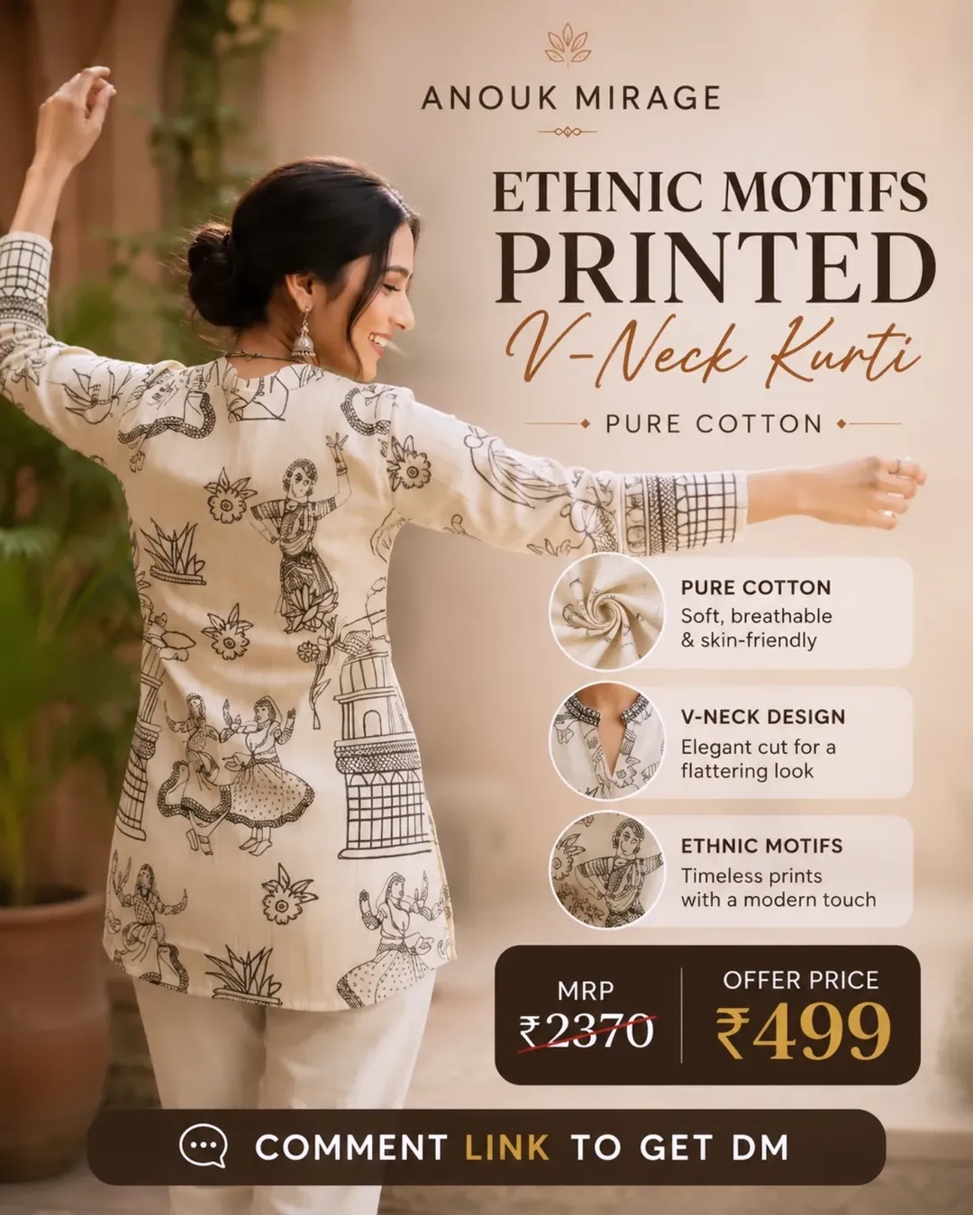 Anouk Mirage Ethnic Motifs Printed V-Neck Cotton Kurti