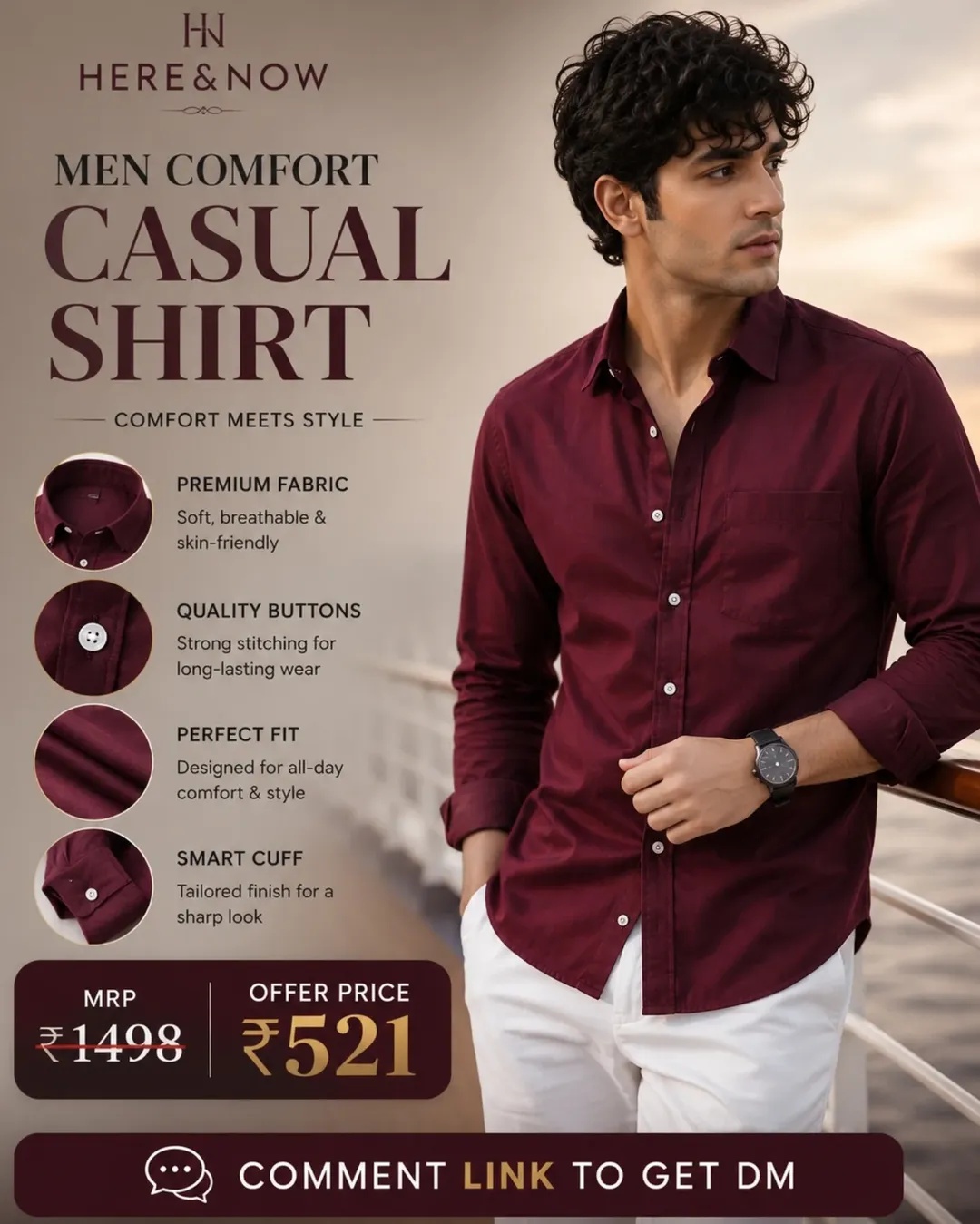 HERE&NOW Maroon Comfort Casual Shirt