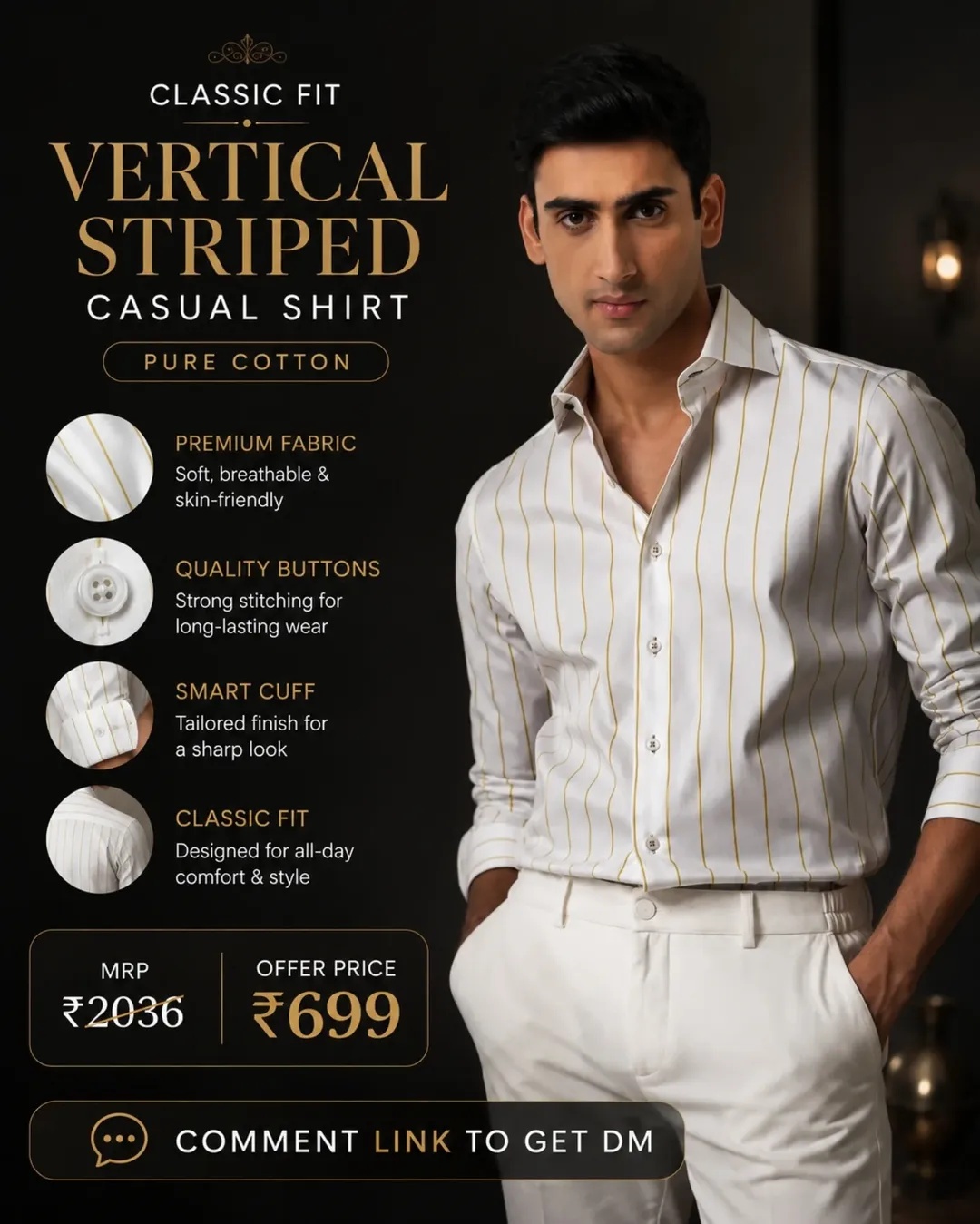 White Vertical Striped Pure Cotton Shirt